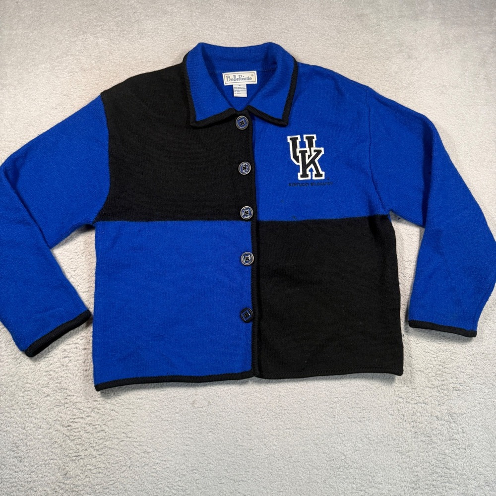 Vintage BellePointe Kentucky Wildcats Cardigan Women M Blue Black 100% Wool UK